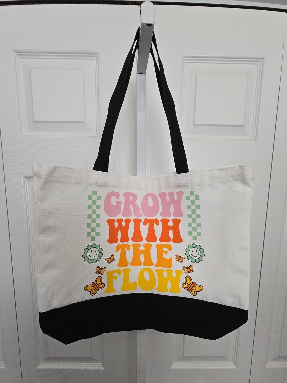 Custom Canvas Tote Bag - Grow With The Flow Graphic - Black & White